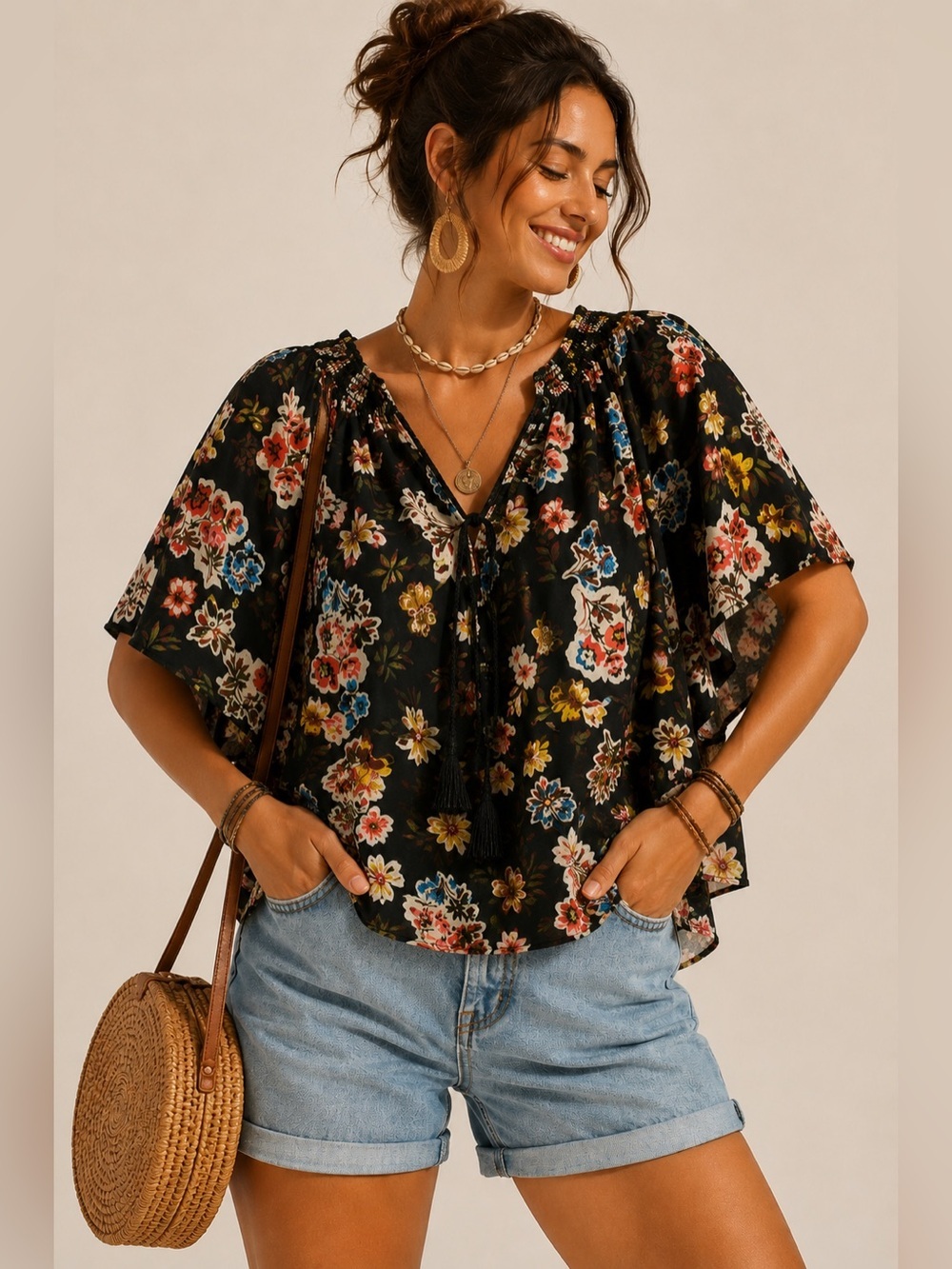 Marc New York Jeans Floral Oversized Blouse XL Black Multicolor Tassel Tie